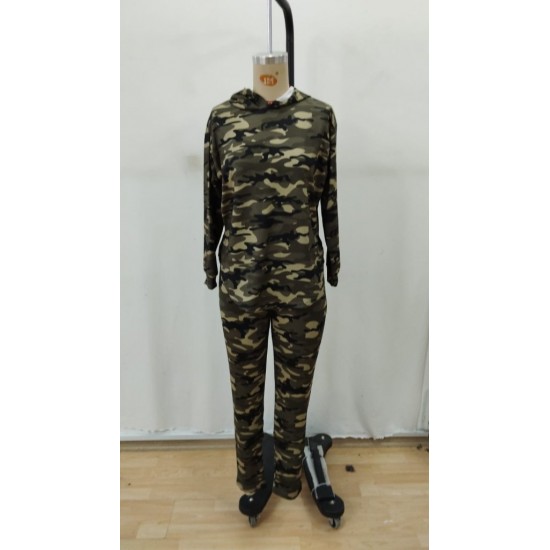 Kadın Uzun Kollu Kapşonlu Kamuflaj Desenli Bluz Ve Pantolon Tayt Ikili Takım , 29094