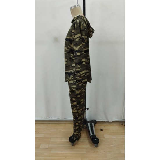 Kadın Uzun Kollu Kapşonlu Kamuflaj Desenli Bluz Ve Pantolon Tayt Ikili Takım , 29094