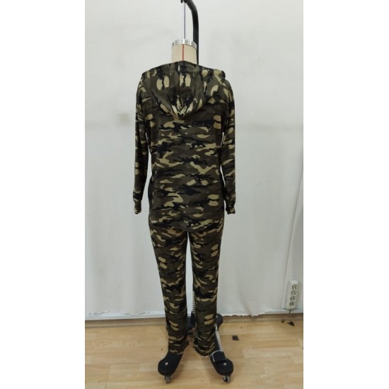 Kadın Uzun Kollu Kapşonlu Kamuflaj Desenli Bluz Ve Pantolon Tayt Ikili Takım , 29094