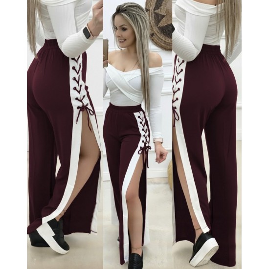 Kadın Yüksek Bel Yandan çapraz Bağcıklı Yırtmaçlı Viskon Iki Iplik Pantolon, 29083