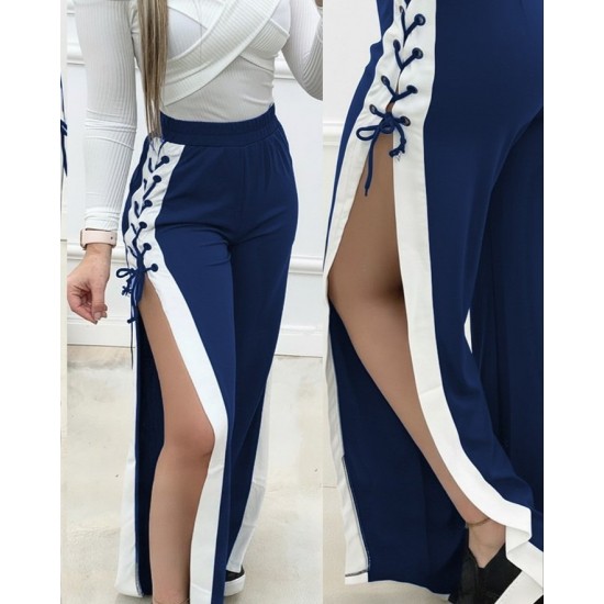 Kadın Yüksek Bel Yandan çapraz Bağcıklı Yırtmaçlı Viskon Iki Iplik Pantolon, 29082