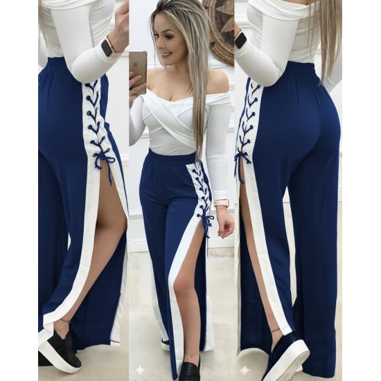 Kadın Yüksek Bel Yandan çapraz Bağcıklı Yırtmaçlı Viskon Iki Iplik Pantolon, 29082