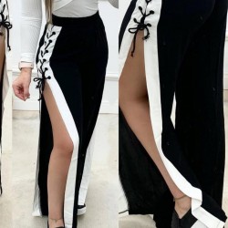 Kadın Yüksek Bel Yandan çapraz Bağcıklı Yırtmaçlı Viskon Iki Iplik Pantolon , 29081