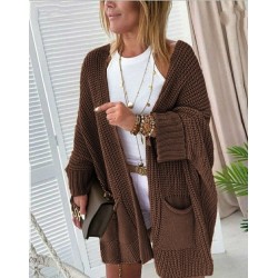 Oversize Kalıp Cepli Salaş Triko Hırka Kahve , 29097