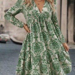 Kadın Uzun Kollu V Yakalı Fırfırlı Mini Süprem Elbise , 29130