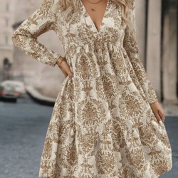 Kadın Uzun Kollu V Yakalı Fırfırlı Mini Süprem Elbise , 29129