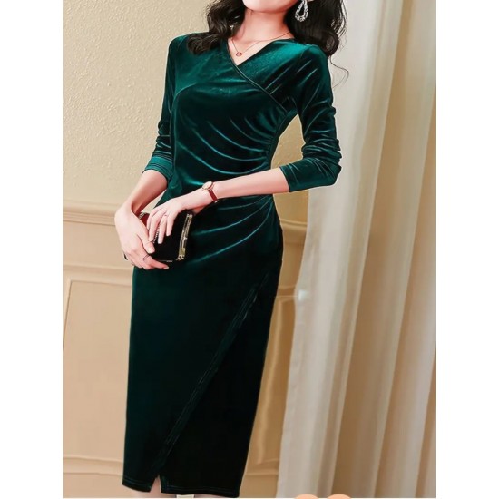 Kadın Uzun Kollu Kruvaze Yakalı Yandan Büzgülü önden çapraz Detaylı Midi Kadife Elbise , 29119 Kadın Uzun Kollu Kruvaze Yakalı Yandan Büzgülü önden çapraz Detaylı Midi Kadife Elbise , 29119