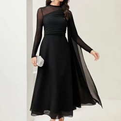 Kadın Uzun Kollu Yarı Balıkçı Yaka Tül Detaylı Uzun Sandy Elbise , 29116