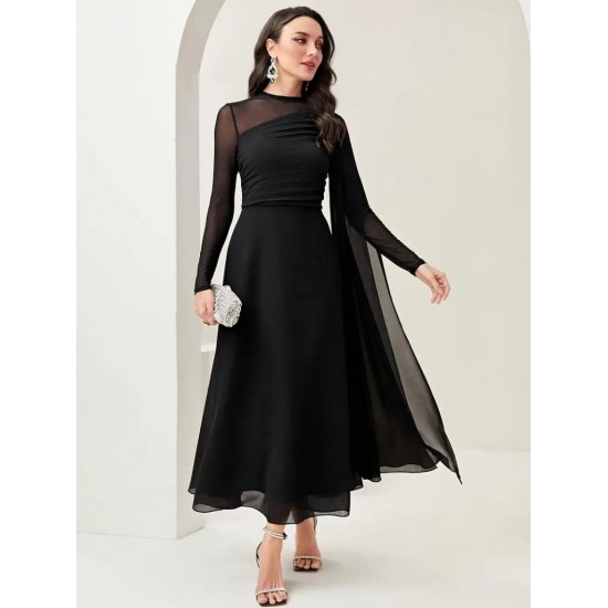 Kadın Uzun Kollu Yarı Balıkçı Yaka Tül Detaylı Uzun Sandy Elbise , 29116 Kadın Uzun Kollu Yarı Balıkçı Yaka Tül Detaylı Uzun Sandy Elbise , 29116