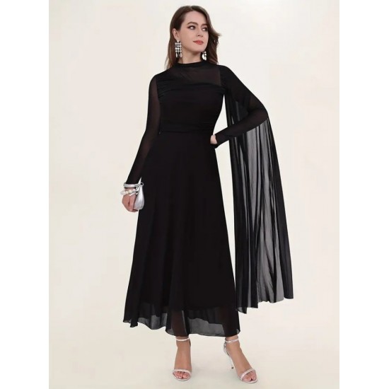 Kadın Uzun Kollu Yarı Balıkçı Yaka Tül Detaylı Uzun Sandy Elbise , 29116 Kadın Uzun Kollu Yarı Balıkçı Yaka Tül Detaylı Uzun Sandy Elbise , 29116