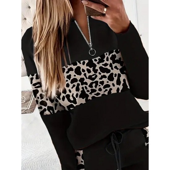 Kadın Uzun Kollu Fermuarlı Karışık Desenli Viskon Iki Iplik Bluz Ve Pantolon Ikili Takım , 29134