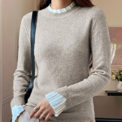 Kadın Uzun Kollu Fırfırlı Yakalı Triko Krem Bluz , 29145