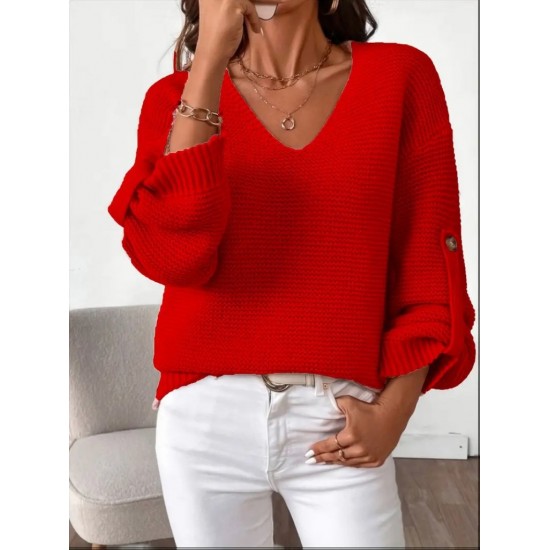 Kadın Uzun Kollu V Yakalı Düğmeli Triko Bluz , 29142