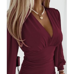 Kadın Uzun Kollu Derin V Yakalı önden Büzgülü Sandy Bluz , 29170