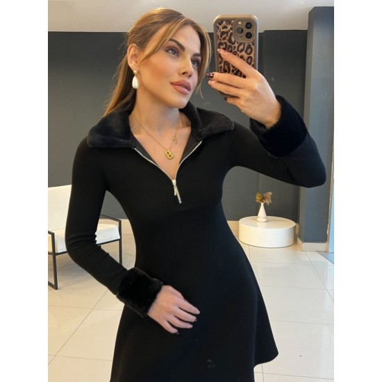 Kadın Uzun Kollu Kürk Yakalı Fermuarlı Kısa Viskon Iki Iplik Elbise , 29165