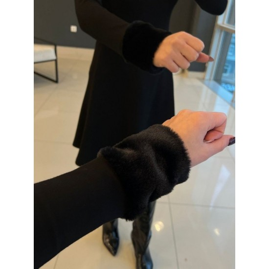 Kadın Uzun Kollu Kürk Yakalı Fermuarlı Kısa Viskon Iki Iplik Elbise , 29165