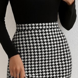 Kadın Uzun Kollu V Yakalı Kaz Ayağı Desenli şardonlu Dalgıç Elbise , 29160