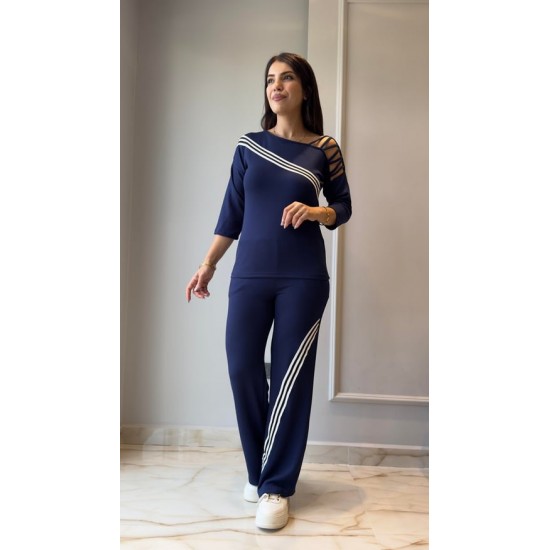 Kadın Uzun Kollu Truvakar Kol Tek Omuz çapraz şerit Detaylı Ribanalı Viskon Iki Iplik Bluz Ve Pantolon Ikili Takım , 29199