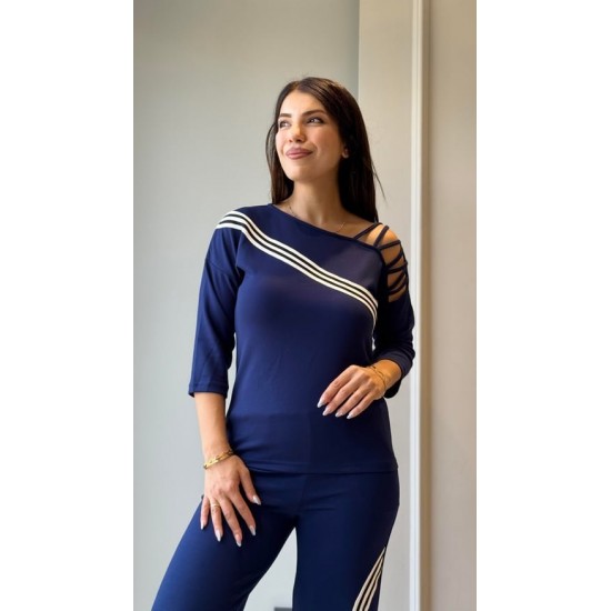 Kadın Uzun Kollu Truvakar Kol Tek Omuz çapraz şerit Detaylı Ribanalı Viskon Iki Iplik Bluz Ve Pantolon Ikili Takım , 29199