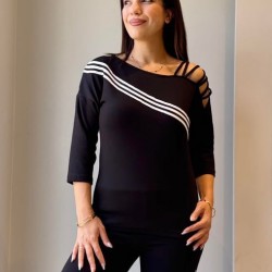 Kadın Uzun Kollu Truvakar Kol Tek Omuz çapraz şerit Detaylı Ribanalı Viskon Iki Iplik Bluz Ve Pantolon Ikili Takım , 29197