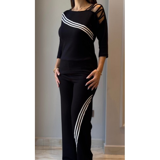 Kadın Uzun Kollu Truvakar Kol Tek Omuz çapraz şerit Detaylı Ribanalı Viskon Iki Iplik Bluz Ve Pantolon Ikili Takım , 29197
