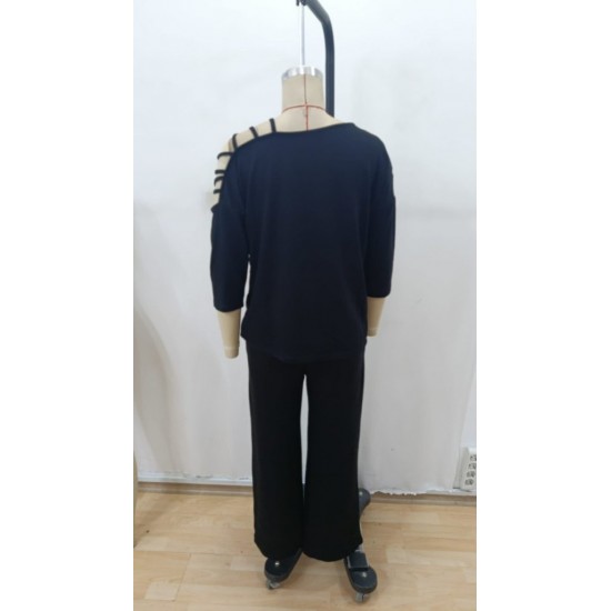 Kadın Uzun Kollu Truvakar Kol Tek Omuz çapraz şerit Detaylı Ribanalı Viskon Iki Iplik Bluz Ve Pantolon Ikili Takım , 29197