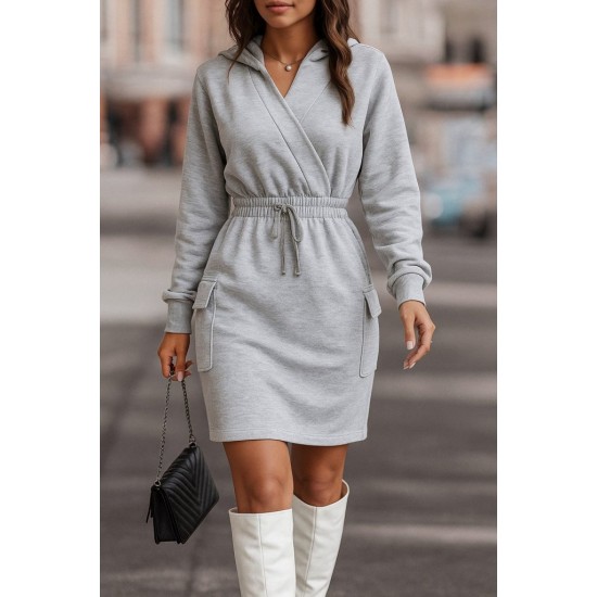 Kadın Uzun Kollu V Yakalı Kapşonlu Cep Detaylı şardonlu Iki Iplik Kısa Elbise , 29186