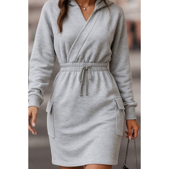 Kadın Uzun Kollu V Yakalı Kapşonlu Cep Detaylı şardonlu Iki Iplik Kısa Elbise , 29186