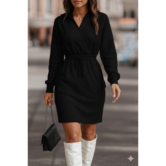 Kadın Uzun Kollu V Yakalı Kapşonlu Cep Detaylı şardonlu Iki Iplik Kısa Elbise , 29185