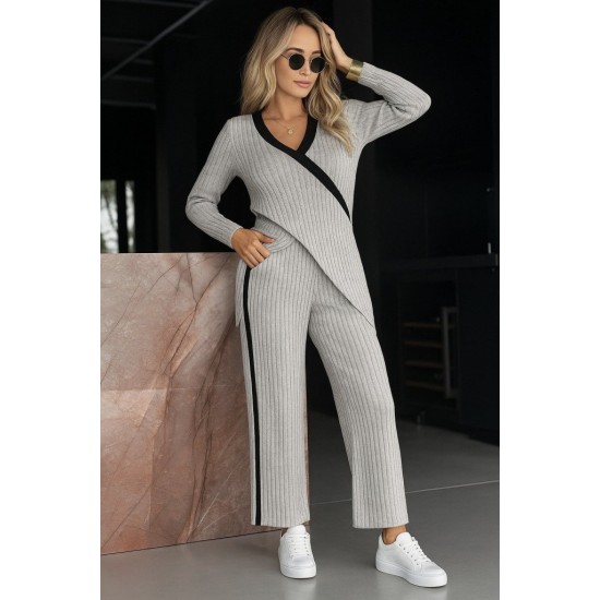 Kadın Uzun Kollu V Yakalı çapraz Detaylı şardonlu Kaşkorse Bluz Ve Pantolon Ikili Takım , 29184