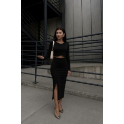 Kadın Uzun Kollu Bisiklet Yaka Kısa Krop Dalgıç Bluz Ile önden Yırtmaçlı Uzun Etek Ikili Takım , 29182