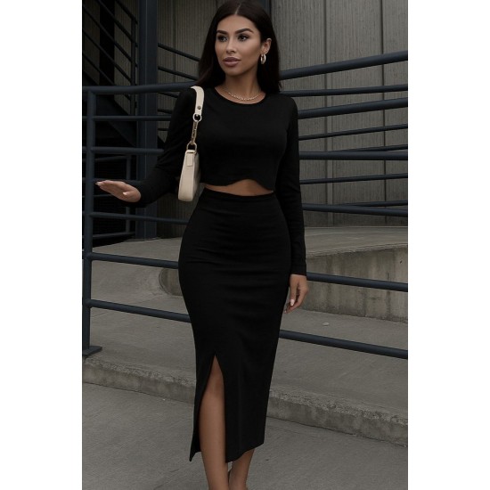 Kadın Uzun Kollu Bisiklet Yaka Kısa Krop Dalgıç Bluz Ile önden Yırtmaçlı Uzun Etek Ikili Takım , 29182 Kadın Uzun Kollu Bisiklet Yaka Kısa Krop Dalgıç Bluz Ile önden Yırtmaçlı Uzun Etek Ikili Takım , 29182