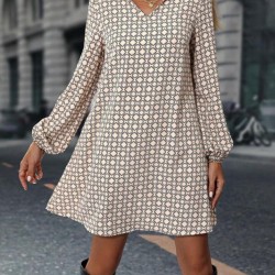 Kadın Uzun Kollu Yakalı Desenli Mini Modal Elbise , 29181