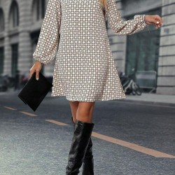 Kadın Uzun Kollu Yakalı Desenli Mini Modal Elbise , 29181