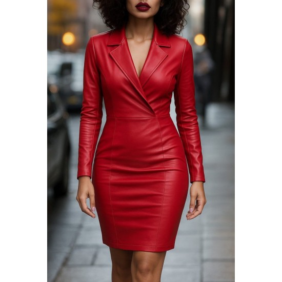 Kadın Uzun Kollu Yakalı Mini Deri Elbise, 29174 Kadın Uzun Kollu Yakalı Mini Deri Elbise, 29174