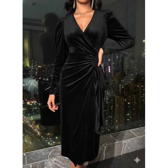 Kadın Uzun Kollu Kruvaze Yakalı Yandan Büzgülü Midi Kadife Elbise , 29209