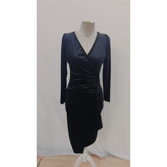 Kadın Uzun Kollu Kruvaze Yakalı Yandan Büzgülü Midi Kadife Elbise , 29209