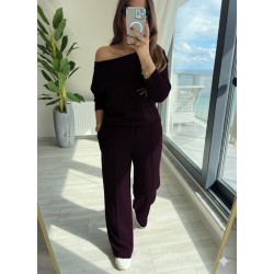 Kadın Uzun Kollu Tek Omuzdan Açık Modal Bluz Ve Pantolon Ikili Mürdüm Takım , 29200