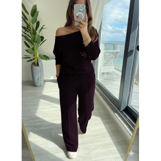 Kadın Uzun Kollu Tek Omuzdan Açık Modal Bluz Ve Pantolon Ikili Mürdüm Takım , 29200