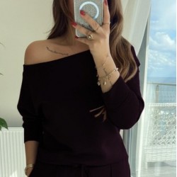 Kadın Uzun Kollu Tek Omuzdan Açık Modal Bluz Ve Pantolon Ikili Mürdüm Takım , 29200