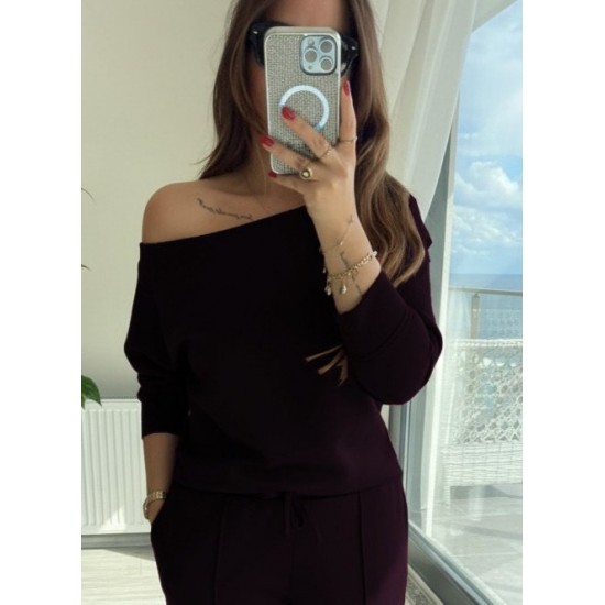 Kadın Uzun Kollu Tek Omuzdan Açık Modal Bluz Ve Pantolon Ikili Mürdüm Takım , 29200