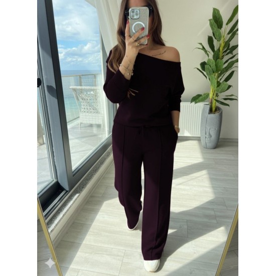 Kadın Uzun Kollu Tek Omuzdan Açık Modal Bluz Ve Pantolon Ikili Mürdüm Takım , 29200