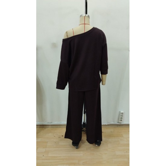 Kadın Uzun Kollu Tek Omuzdan Açık Modal Bluz Ve Pantolon Ikili Mürdüm Takım , 29200