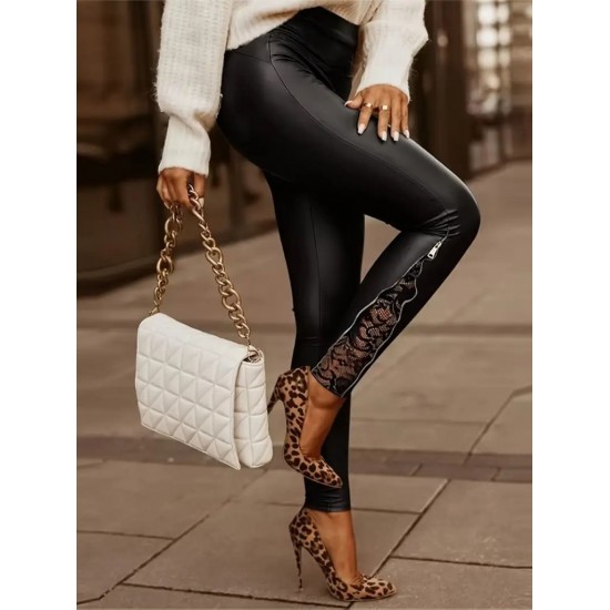 Kadın Yüksek Bel Yandan Yırtmaçlı Dantel Detaylı Deri Tayt, 29218