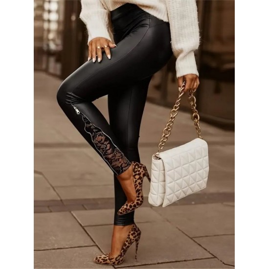 Kadın Yüksek Bel Yandan Yırtmaçlı Dantel Detaylı Deri Tayt, 29218