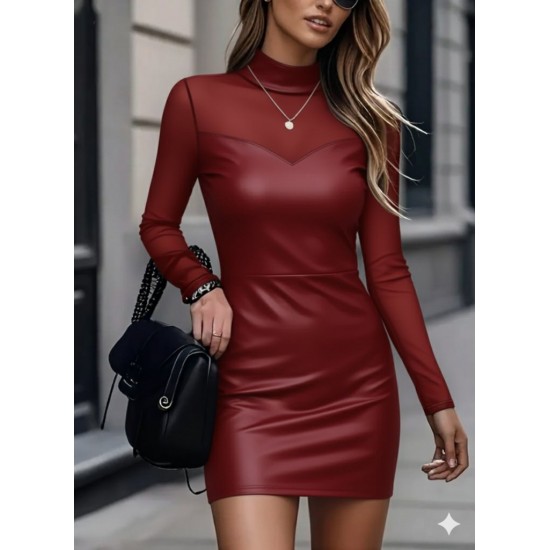 Kadın Uzun Kollu Balıkçı Yaka Tül Detaylı Mini Deri Elbise , 29223 Kadın Uzun Kollu Balıkçı Yaka Tül Detaylı Mini Deri Elbise , 29223