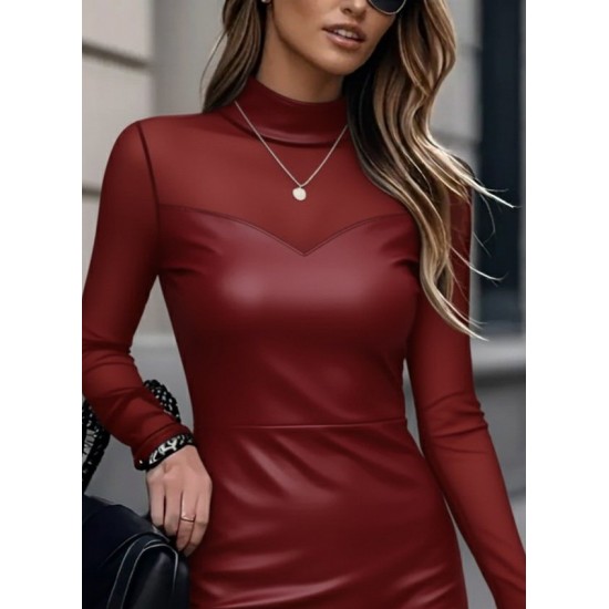 Kadın Uzun Kollu Balıkçı Yaka Tül Detaylı Mini Deri Elbise , 29223 Kadın Uzun Kollu Balıkçı Yaka Tül Detaylı Mini Deri Elbise , 29223