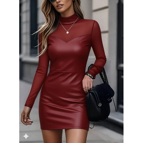 Kadın Uzun Kollu Balıkçı Yaka Tül Detaylı Mini Deri Elbise , 29223 Kadın Uzun Kollu Balıkçı Yaka Tül Detaylı Mini Deri Elbise , 29223