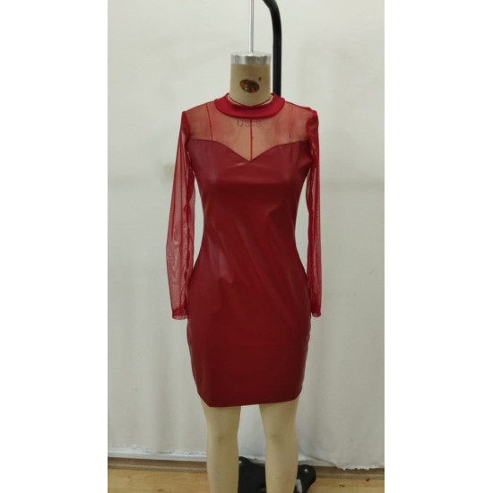 Kadın Uzun Kollu Balıkçı Yaka Tül Detaylı Mini Deri Elbise , 29223 Kadın Uzun Kollu Balıkçı Yaka Tül Detaylı Mini Deri Elbise , 29223