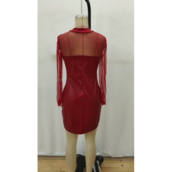 Kadın Uzun Kollu Balıkçı Yaka Tül Detaylı Mini Deri Elbise , 29223 Kadın Uzun Kollu Balıkçı Yaka Tül Detaylı Mini Deri Elbise , 29223